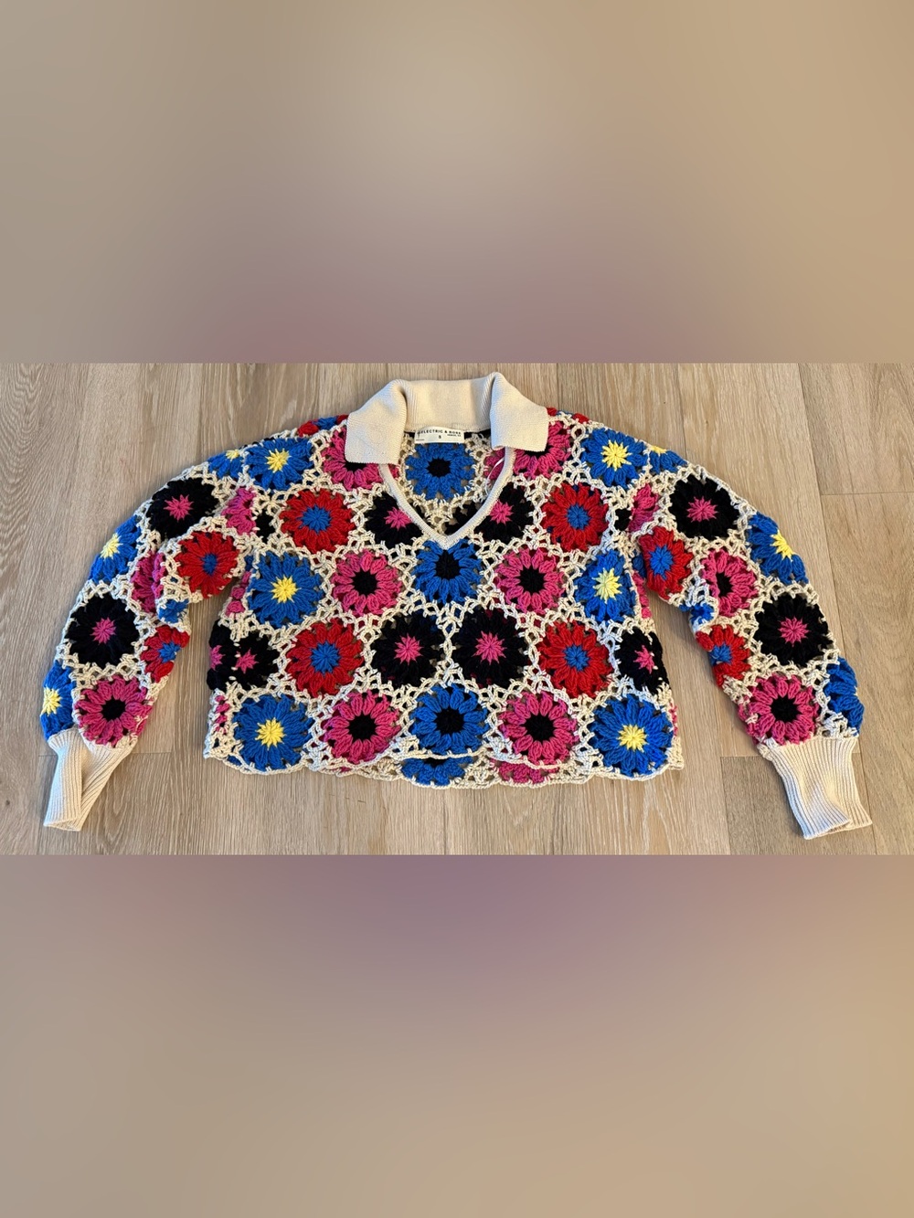 Electric & Rose Vibrant Open-Knit Multi Color Crop Floral Sweater Sz S Like New